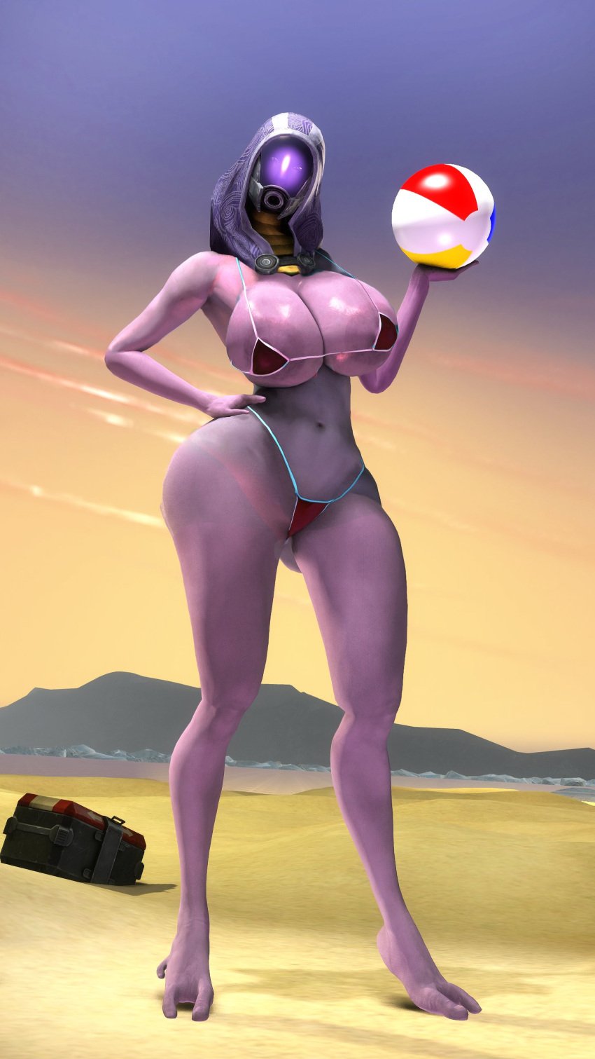 1girls 3d alien alien_girl beach beach_ball big_breasts bikini busty female female_only giant_breasts hand_on_hip huge_breasts looking_at_viewer mass_effect micro_bikini outdoors quarian rodler-h8 sand solo tali'zorah_nar_rayya thick_thighs voluptuous voluptuous_female wide_hips