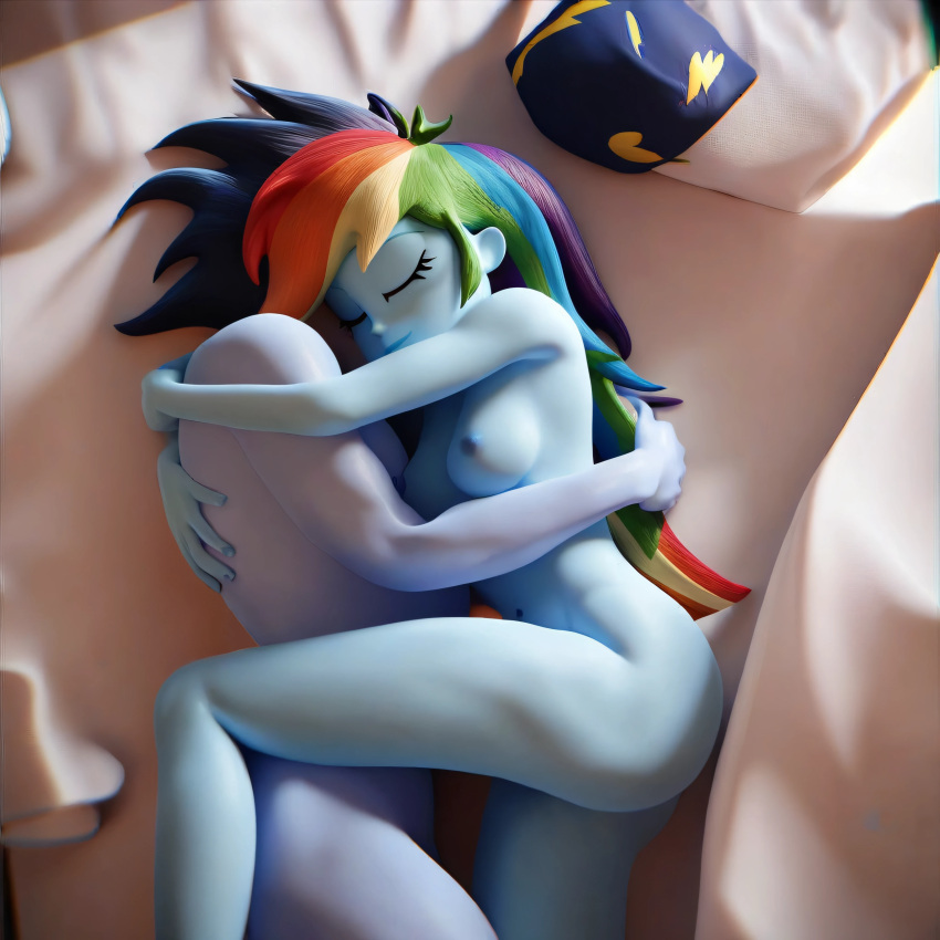 ai_generated bed bedroom blue_skin breasts casual_nudity embrace equestria_girls male multicolored_hair my_little_pony nipples rainbow_dash_(mlp) sleeping soarin_(eg) soarin_(mlp)