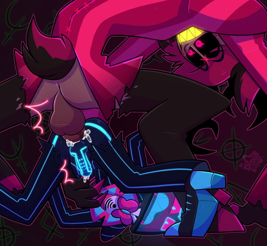 alastor_(hazbin_hotel) anal_sex belly_bulge cum cum_in_ass cum_inside deer_tail disco_draws gay gay_domination impossible_fit larger_male ripped_clothing ripped_pants size_difference vox_(hazbin_hotel)