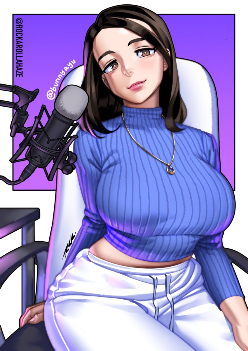 1girls big_breasts breasts brown_eyes brown_hair bunny_ayumi female female_focus female_only huge_breasts large_breasts looking_at_viewer rockaroll shorts solo solo_female solo_focus streamer twitch.tv twitch_streamer