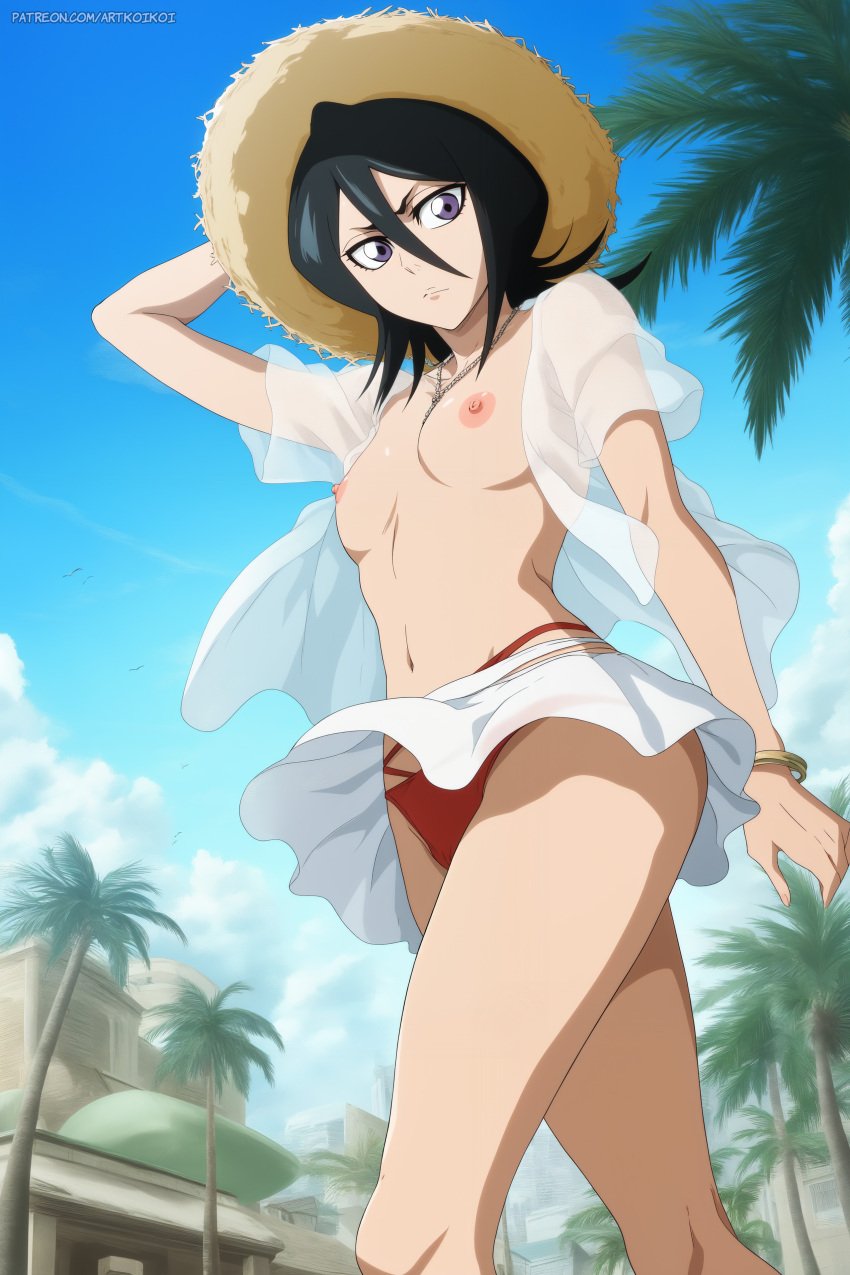 1girls adjusting_hat adjusting_headwear ai_generated artist_name artkoikoi beach bikini bikini_bottom bikini_bottom_aside black_hair bleach bleach:_the_thousand-year_blood_war bracelet breasts cleavage commentary female female_focus flat_chest hat headwear jacket koikoi kuchiki_rukia kuchiki_rukia light-skinned_female light_skin long_hair nai_diffusion necklace nipples outdoors patreon_username petite petite_body petite_female pettanko purple_eyes seaside see-through see-through_clothing short short_female shoulder_length_hair skirt small_breasts smaller_female stable_diffusion straw_hat summer_hat text url walking watermark web_address