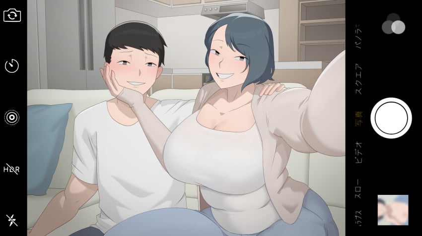 1boy 1boy1girl 1girls [sora]_buranku female huge_breasts kyou_(ntrman) large_breasts light-skinned_female light_skin long_penis male mature_female milf mother mother_and_son motherly_cuckold netorare ntr ntrman rural_homecoming selfie shiori_(ntrman) slightly_chubby soraoraora