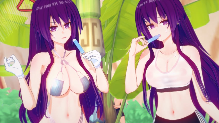 2girls belly bikini breasts clothed date_a_live female female_only ice_cream light-skinned_female long_hair multiple_girls purple_eyes purple_hair yatogami_tohka