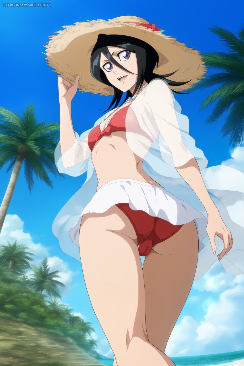 1girls adjusting_hat adjusting_headwear ai_generated artist_name artkoikoi ass ass_focus beach big_ass bikini bikini_bottom bikini_top black_hair bleach bleach:_the_thousand-year_blood_war breasts cleavage commentary female female_focus flat_chest from_behind hat headwear jacket koikoi kuchiki_rukia kuchiki_rukia light-skinned_female light_skin long_hair looking_at_viewer looking_back nai_diffusion outdoors patreon_username petite petite_body petite_female pettanko purple_eyes round_ass seaside see-through see-through_clothing short short_female shoulder_length_hair skirt small_breasts smaller_female smile stable_diffusion straw_hat summer_hat swimsuit text url watermark web_address