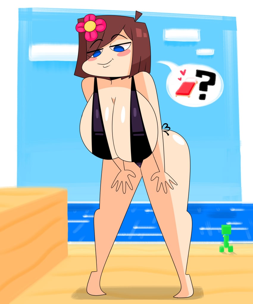 1girls beach big_breasts bikini bikini_strap creeper jenny_belle_(slipperyt) looking_at_viewer minecraft ocean solo talking_to_viewer thong wanting_sex