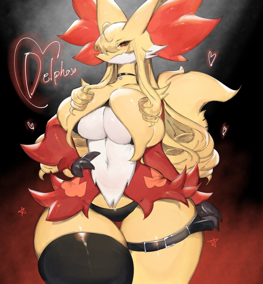 anthro big_breasts bottomwear breasts camel_toe canid canine clothed clothing collar delphox female fur generation_6_pokemon hair inner_ear_fluff legwear looking_at_viewer mammal nintendo pokemon pokemon_(species) presenting red_body red_eyes red_fur simple_background solo standing stockings tail thick_thighs thigh_belt thigh_gap toge77789 togetoge tuft very_high_resolution white_body white_fur wide_hips yellow_body yellow_fur