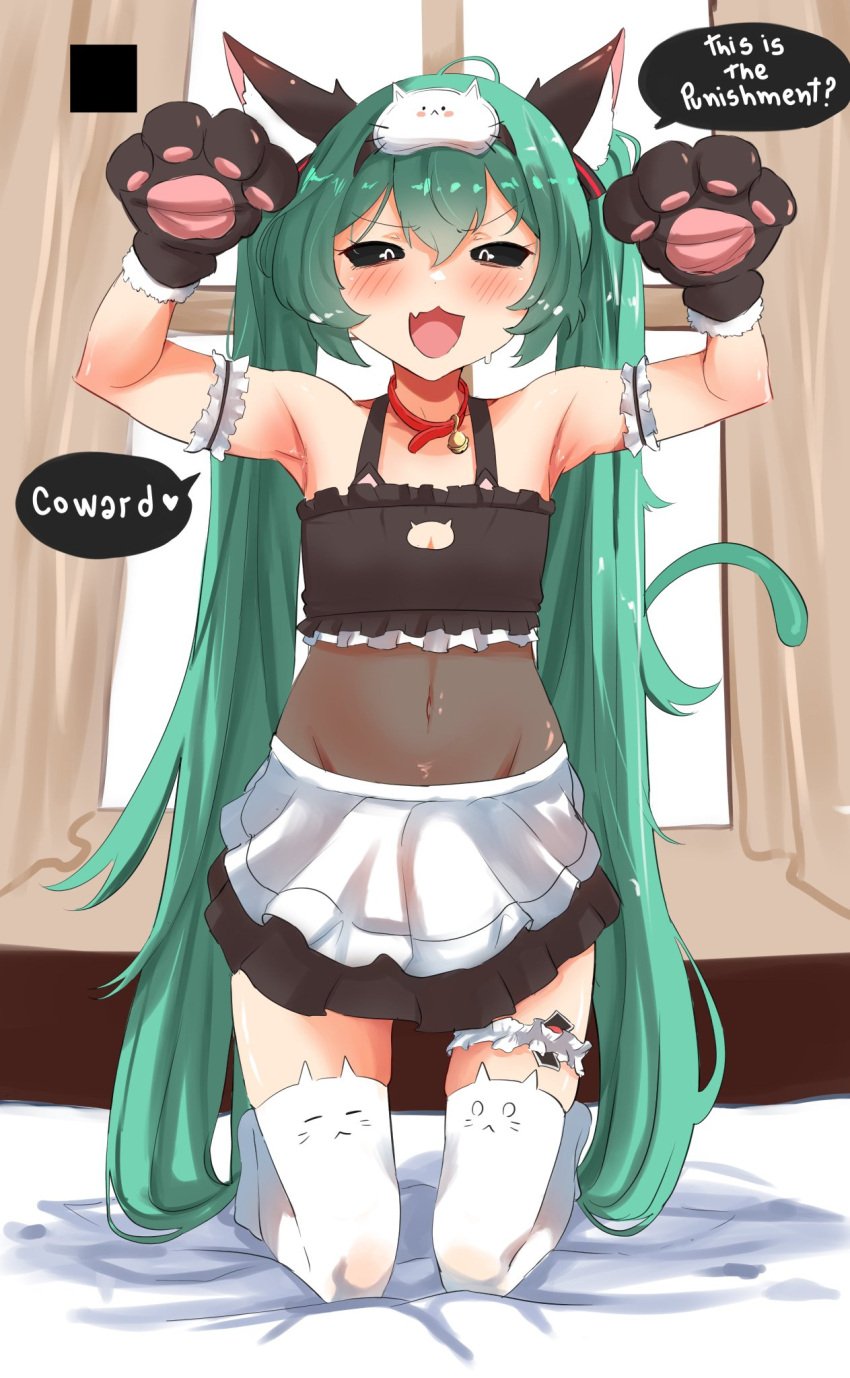 blue_hair cat_ears dialogue english_text female female female_focus female_only hatsune_miku looking_at_viewer maid mesugaki_miku mimukauwa_nice_try_(vocaloid) niyoukoso vocaloid