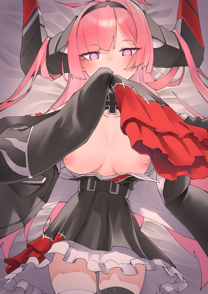 1girls areolae azur_lane bed_sheet breasts female female_only heart-shaped_pupils horns iron_blood_(azur_lane) light-skinned_female light_skin mechanical mechanical_horns nipples on_bed pink_eyes pink_hair prinz_rupprecht_(azur_lane) solo symbol-shaped_pupils take_yaki white_bed_sheet