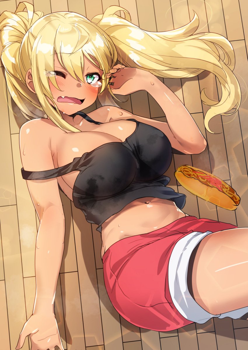 1girls bare_arms bare_shoulders black_shirt blonde_hair blush breasts cleavage commentary_request dark-skinned_female dark_skin dumbbell_nan_kilo_moteru? female gal green_eyes gyaru gyaru_gal hand_up highres kuro_gyaru large_breasts long_hair looking_at_viewer lying midriff navel no_bra oerba_yun_fang on_back one_eye_closed open_mouth red_shorts sakura_hibiki sakura_hibiki_(dumbbell_nan_kilo_moteru?) shirt short_shorts shorts sidelocks sleeveless sleeveless_shirt solo stomach strap_slip sweat tank_top tears twintails wooden_floor yakisoba yakisobapan yamacchi