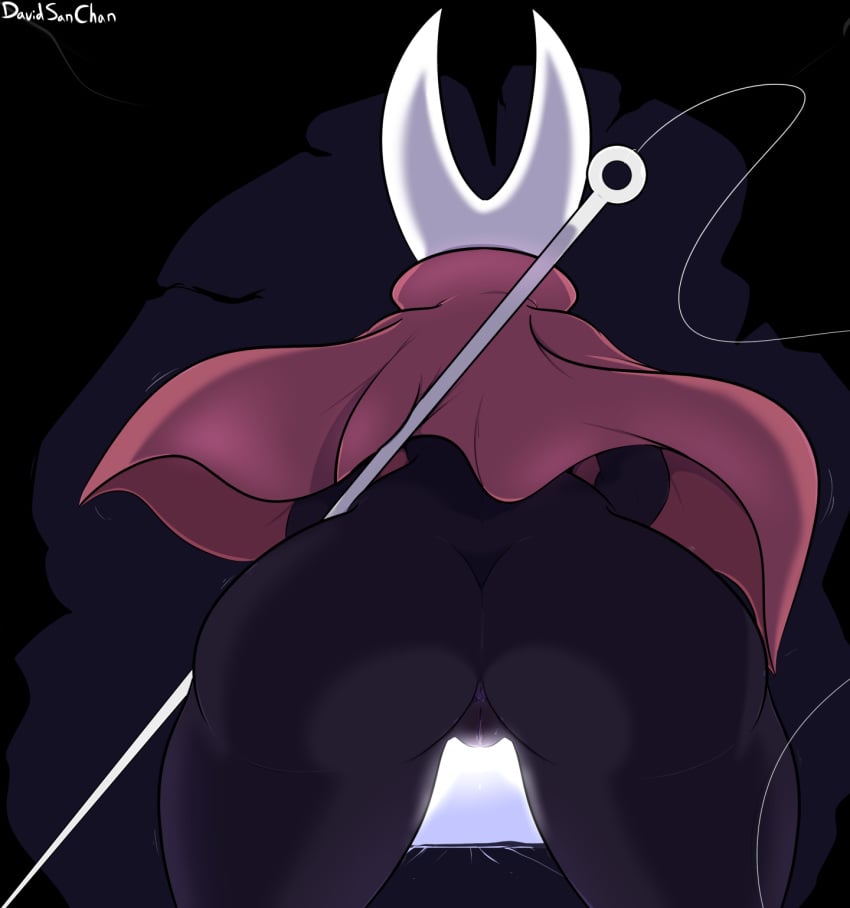 2023 2_horns anthro anus arthropod artist_name ass black_arms black_body black_butt bodily_fluids cave cloak clothing davidsanchan digital_drawing_(artwork) digital_media_(artwork) female fighting_pose genital_fluids genitals hi_res holding_object holding_weapon hollow_knight horn hornet_(hollow_knight) insects looking_forward low-angle_view motion_lines nail_(weapon) pose pussy rear_view red_cloak silk solo team_cherry text thick_thighs vaginal_fluids weapon white_text wide_hips