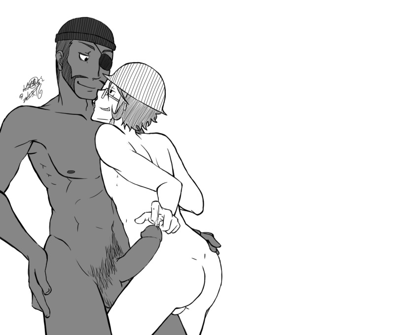 2boys 2d artist_signature backsack barely_visible_balls dark-skinned_male demoman demoman_(team_fortress_2) erection eye_patch facial_hair finger_on_penis glasses half-closed_eyes hand_on_ass hand_on_hip helmet human human_male human_only imminent_kiss looking_at_partner male male_nipple male_only medium_hair nude pubic_hair soldier soldier_(team_fortress_2) team_fortress_2 watch_cap white_background yaoi