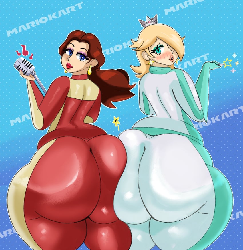 2girls absurd_res absurd_resolution absurdres aqua_eyes ass ass-to-ass ass_focus ass_press ass_to_ass asses_touching big_ass big_butt biker biker_clothes biker_girl bikesuit blonde_hair blue_eyes blush blush_lines blushing_at_viewer bodysuit bottom_heavy brown_hair bubble_ass bubble_butt come_hither crown curvaceous curvy curvy_female curvy_figure duo earrings eyeshadow fat_ass female female_focus female_only from_behind gloves hair_over_one_eye hi_res high_resolution highres huge_ass huge_butt jewelry jumpsuit large_ass light-skinned_female light_blue_eyes light_skin lips lipstick long_hair looking_at_viewer looking_back mackdazzle makeup mario_(series) mario_kart mario_kart_8 mario_kart_8_deluxe microphone multiple_girls naughty_face nintendo parted_lips pauline pauline_(mario) pov_eye_contact princess_rosalina purple_eyeshadow red_lipstick skin_tight smile smiling_at_viewer star_earrings tagme thick_ass thick_thighs thighs voluptuous voluptuous_female