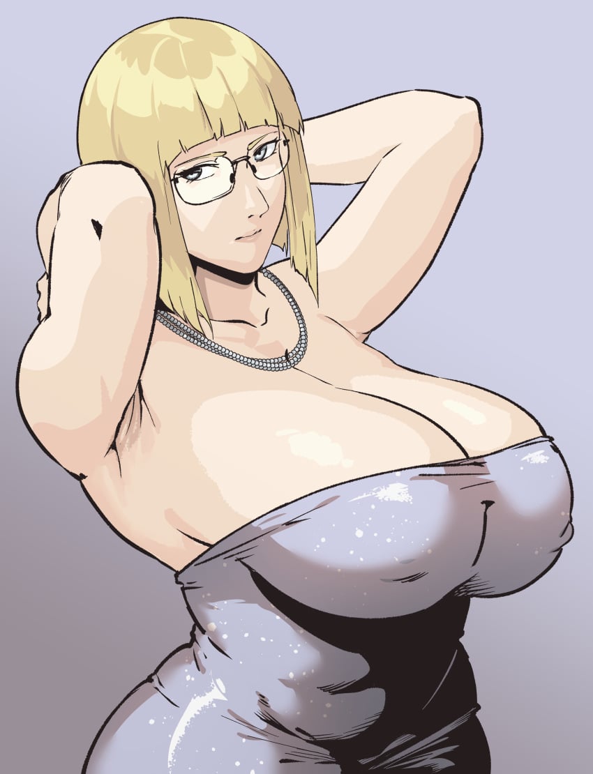 1girls big_breasts black_eyes blonde_hair breast_focus breasts chocobitpie cleavage clothing dress eyewear female female_only glasses hair hands_behind_head huge_breasts large_breasts naruto naruto_(series) necklace neckwear pearl_necklace ryopie samui short_hair solo solo_female strapless tight_dress upper_body white_dress