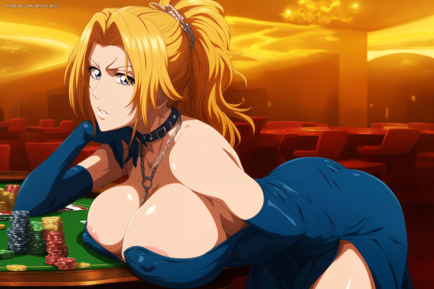 1girls against_table ai_generated alternate_costume alternate_hairstyle arm_gloves arm_support armwear artist_name artkoikoi ass bent_over big_ass big_breasts bleach blonde_hair blue_dress blue_eyes breasts casino casino_card_table choker cleavage collar commentary curvaceous curves curvy curvy_body curvy_female curvy_figure dress fancy fancy_clothing female female_focus formal formal_clothes gloves hourglass_figure huge_ass huge_breasts jewelry koikoi large_breasts light-skinned_female light_skin long_gloves long_hair matsumoto_rangiku mommy nai_diffusion necklace no_bra no_bra_under_clothes oppai poker_chip poker_table ponytail revealing_clothes stable_diffusion strapless strapless_dress thick_ass tied_hair url very_long_hair voluptuous voluptuous_female watermark wavy_hair web_address wide_hips