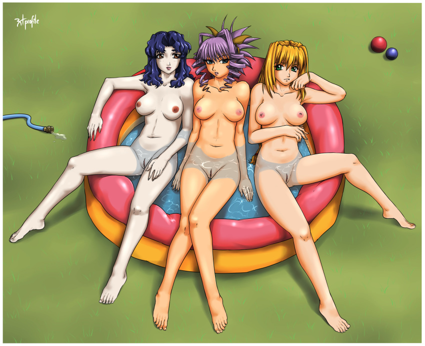 above_view ball barefoot beige_skin blonde_hair breasts brown_eyes elgala excel excel_saga fangs female female_only green_eyes hair hose human hyatt long_hair looking_at_viewer multiple_females multiple_girls nipples nude open_eyes pink_nipples pool purple_hair pussy radprofile sitting teal_eyes water yuri