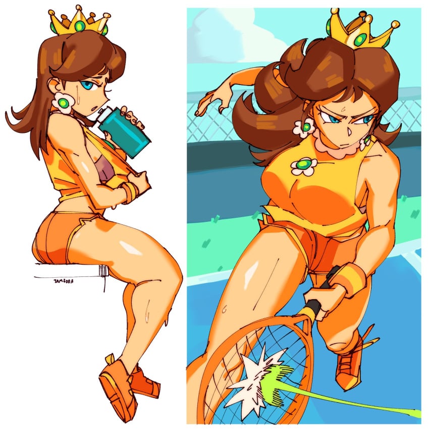 3amsoda ass blue_eyes female female_only mario_(series) mario_tennis nintendo orange_shorts princess princess_daisy short_shorts shorts solo sweat sweaty tagme