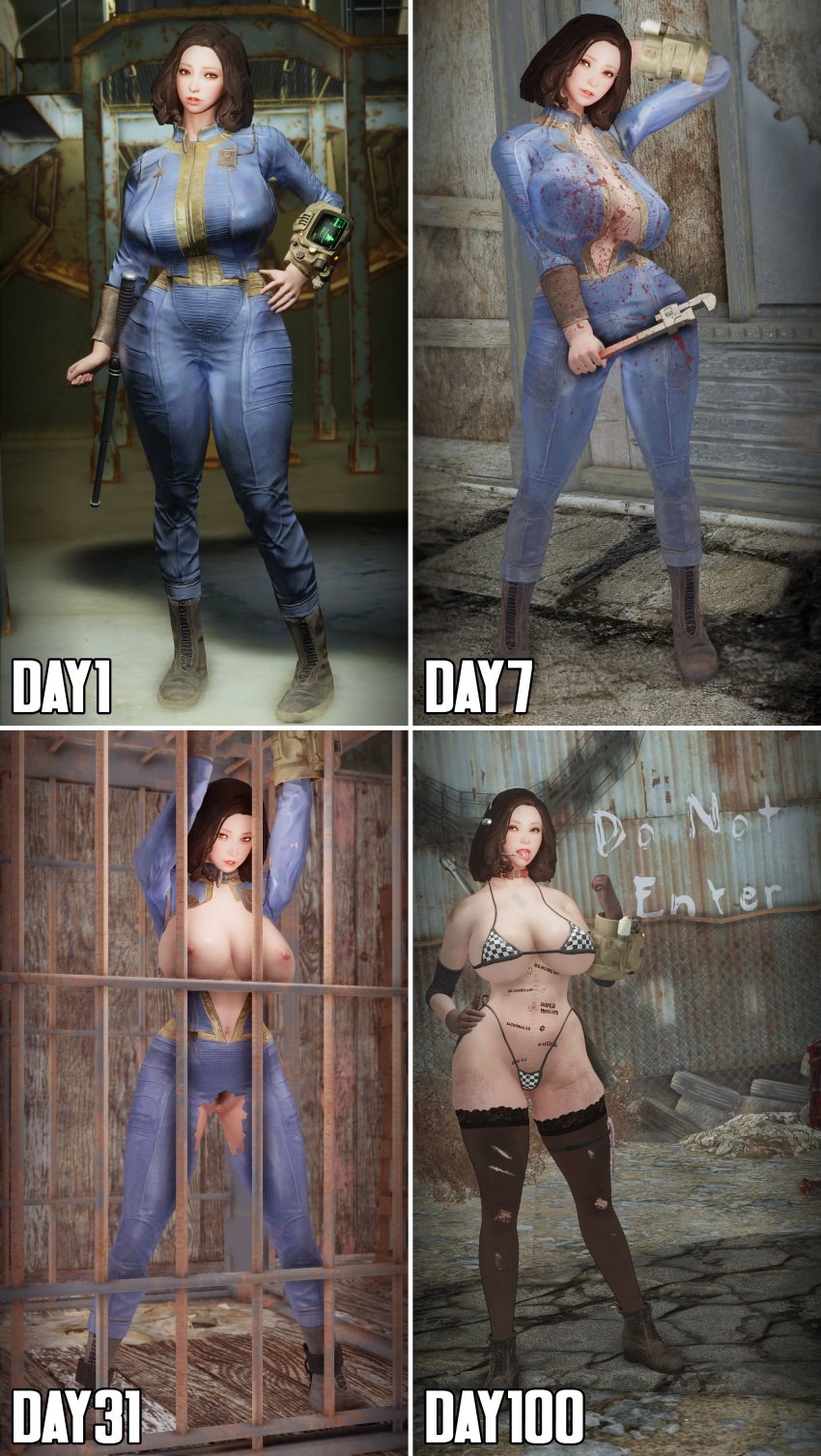 1girls 3d baton baton_(weapon) before_and_after bethesda_softworks bikini black_thighhighs bodysuit breasts_out brown_hair checkered_bikini comparison corruption curvy day_count emotrashcan fallout highleg_bikini huge_breasts jail measuring_penetration_depth open_bodysuit panties police_baton prisoner ripped_bodysuit solo thick_thighs time_lapse torn_bodysuit torn_thighhighs vault_dweller wide_hips wrench