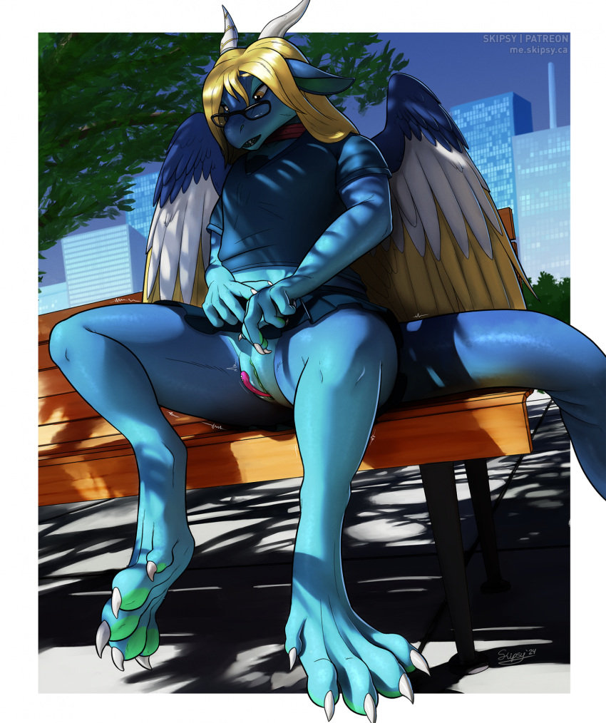 anthro bench blonde_hair blue_body blue_scales bottomwear building city claws clothing dragon eyewear feathered_wings feathers female genitals glasses hair hi_res levant_lazuli mythological_creature mythological_scalie mythology outside park_bench penetration pussy scales scalie sex_toy sex_toy_in_pussy sex_toy_insertion shirt skipsy skirt skyscraper solo toe_claws topwear vaginal_penetration vaginal_penetration vibrator vibrator_in_pussy wings