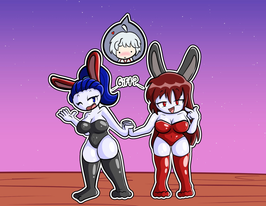 airi_void bell_nova black_bunny_ears black_bunnysuit blue_eyes blue_hair canon_couple fnf fnf_mod fnf_mods friday_night_funkin friday_night_funkin_mod fumi_void heart ponytail red_bunny_ears red_bunnysuit red_eyes smile staring_at_viewer text white_skin