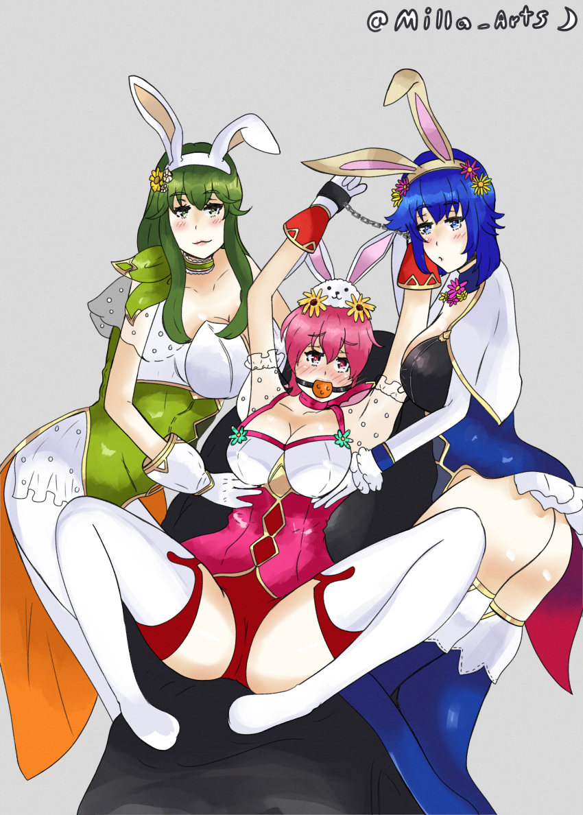 3girls alternate_costume arms_up ass bangs bare_thighs big_ass blue_eyes blue_hair breasts bunny_ears bunny_girl bunnysuit catria_(fire_emblem) catria_(spring)_(fire_emblem) cleavage easter est_(fire_emblem) est_(spring)_(fire_emblem) female female_only femdom femsub fire_emblem fire_emblem:_mystery_of_the_emblem fire_emblem:_shadow_dragon_and_the_blade_of_light fire_emblem_heroes gag gloves green_eyes green_hair large_breasts leotard long_hair looking_at_viewer milla_arts multiple_girls nintendo official_alternate_costume palla_(fire_emblem) palla_(spring)_(fire_emblem) pink_eyes pink_hair short_hair siblings sisters spread_legs thighhighs thighs yuri