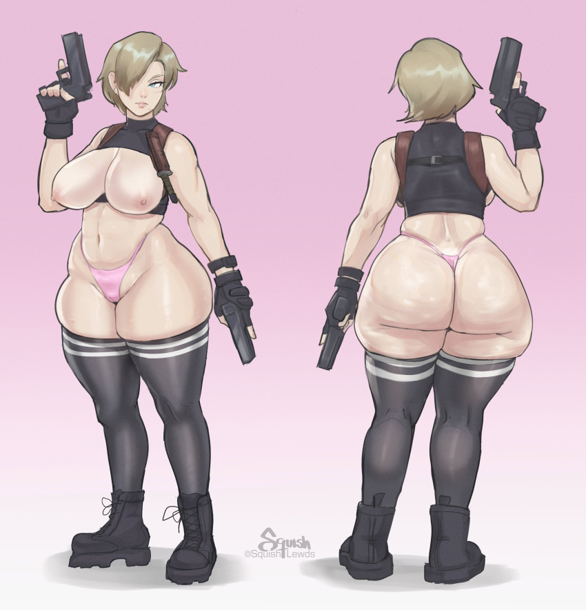 1girls ass back_view black_boots black_crop_top black_thighhighs blonde_hair boob_window boots breasts_out cellulite crop_top dirty_blonde_hair dual_wielding female female_focus female_only front_and_back g-string genderswap_(mtf) gun hair_over_one_eye handgun holding_gun holding_handgun holding_pistol huge_ass large_breasts leon_scott_kennedy light-skinned_female light_skin pawg pink_g-string pistol resident_evil resident_evil_4 rule_63 short_hair skimpy solo solo_female solo_focus squishlewds standing thick thick_thighs thighhighs topless wide_hips wide_thighs