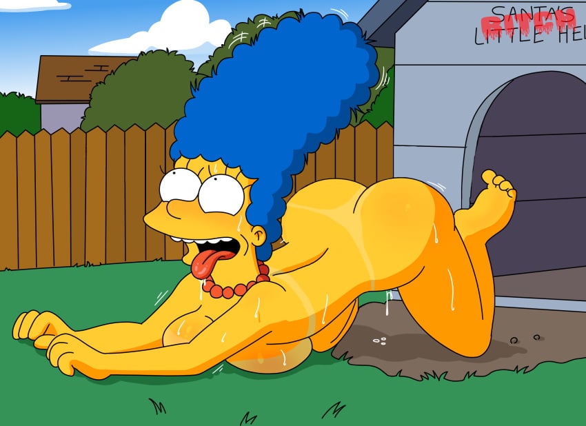 1girls 20th_century_fox 20th_century_studios ahe_gao all_fours ass blue_hair bodily_fluids breast_squish dog_girl doggy_style doghouse female female_only gkg human marge_simpson necklace no_visible_genitalia nude open open_mouth outdoors solo sweat the_simpsons tongue tongue_out toony yellow_body yellow_skin