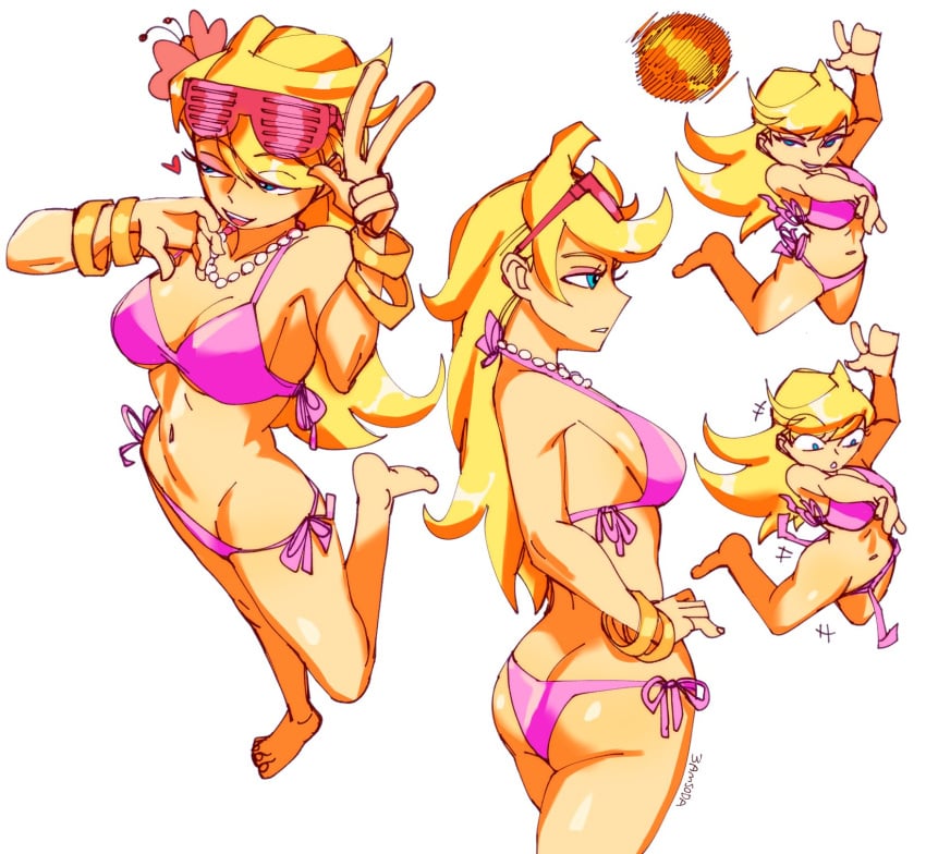 1girls 3amsoda ass bikini blonde_hair blue_eyes cleavage female female_only flower_in_hair hair_ornament navel necklace panty_&_stocking_with_garterbelt panty_anarchy peace_sign pearl_necklace pink_bikini shiny_skin sideboob solo solo_female standing sunglasses sunglasses_on_head swimsuit v v_sign wardrobe_malfunction