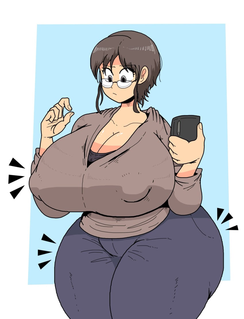 1girls arikochama big_breasts black_eyes breasts brown_hair casual cleavage fat_thighs glasses hips holding_phone huge_breasts light-skinned_female mature_female nipple_bulge phone poopishness portrait solo solo_female someone_else's_oc thick_hips thick_thighs thighs