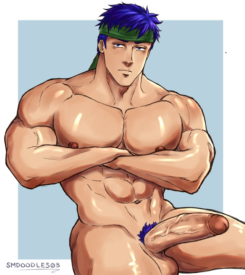 1boy abs bara biceps big_penis blue_eyes blue_hair blue_pubic_hair crossed_arms fire_emblem fire_emblem:_radiant_dawn green_headband headband hi_res ike_(fire_emblem) large_pectorals large_penis looking_at_viewer male male_nipples male_only muscular muscular_male navel nipples pecs pectorals penis pubic_hair retracted_foreskin serious_face serious_look simple_background sitting smdoodles03 solo solo_focus solo_male testicles thighs twitter_username veiny_penis