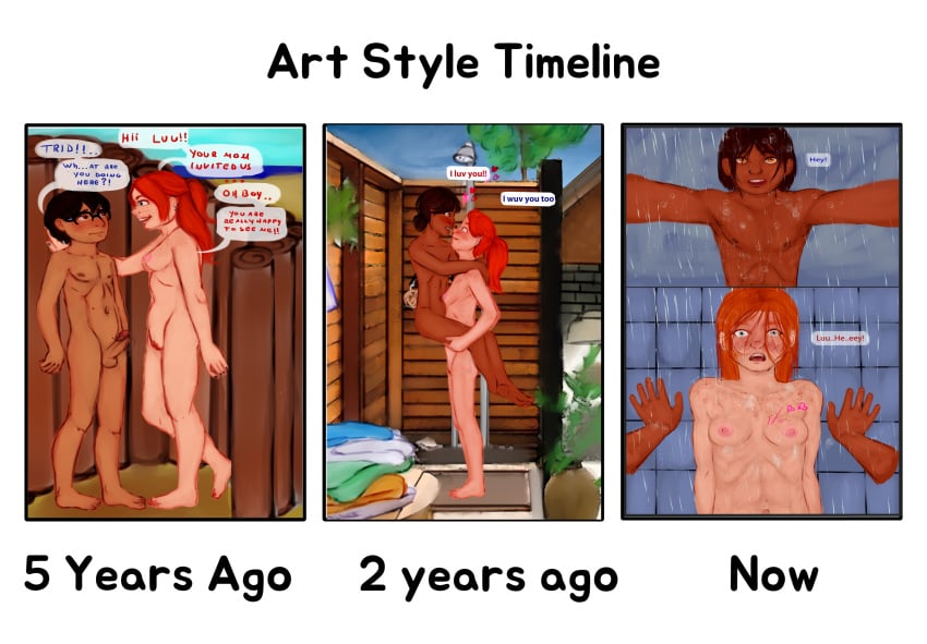 1boy1girl artstylechart astrid_(raiodeouro7) casual casual_nudity chart couple couple_(romantic) dark_skin embarassed erection female freckles human looking_at_another looking_at_partner looking_at_viewer male nude nudist original_character pale_skin raiodeouro7 red_hair stand_and_carry_position teenager unwanted_erection wholesome wholesome_nudity