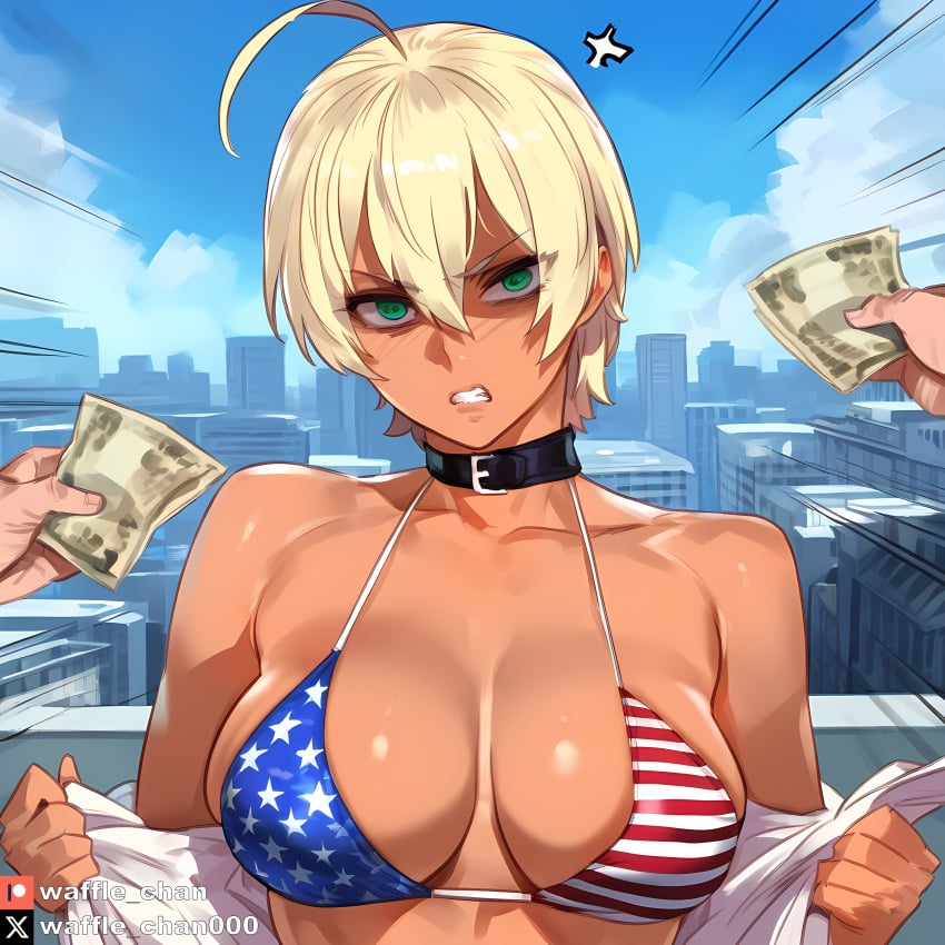 ai_generated angry athletic_female banknote bikini black blonde_hair body city collar eyes female green medium_breasts mito_ikumi money outdoors shokugeki_no_souma tanned_female thick tighs upper usa waffle_chan