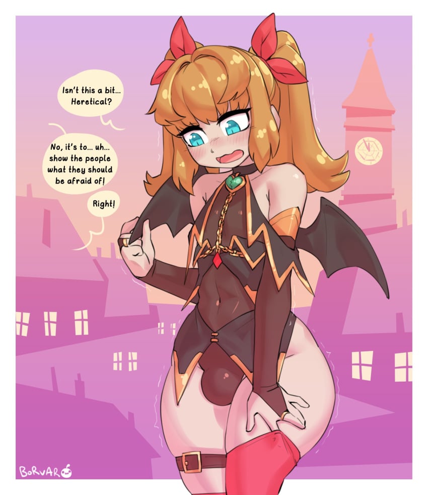 1boy angel blush borvar bulge dialogue femboy gay original original_character sera_(raylero_oc) thick_thighs vampire_costume vampire_wings