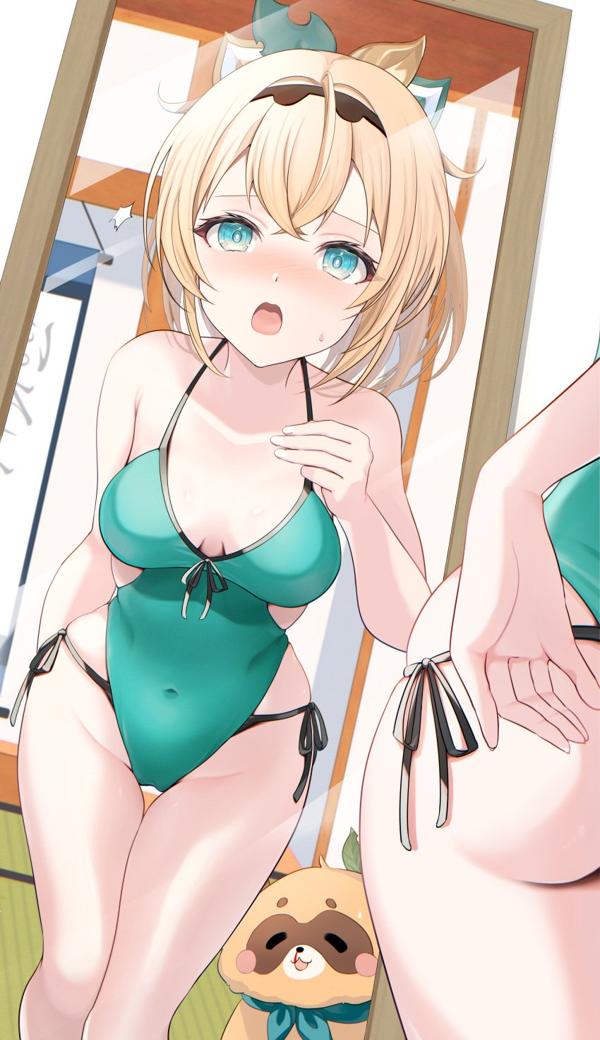 absurdres aqua_eyes bare_shoulders bikini blonde_hair blush breasts covered_navel crossed_bangs female green_one-piece_swimsuit hair_ornament halterneck highleg highleg_one-piece_swimsuit highres hololive indoors kazama_iroha kudoukudokudo leaf_hair_ornament looking_at_mirror medium_breasts medium_hair mirror one-piece_swimsuit open_mouth pokobee pov side-tie_bikini_bottom solo sweatdrop swimsuit thigh_gap virtual_youtuber