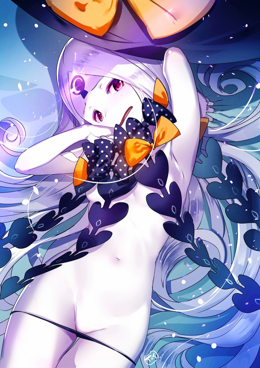 3_eyes abigail_williams_(fate) abigail_williams_(third_ascension)_(fate) arm_up black_bow black_panties bow breasts colored_skin fate/grand_order fate_(series) female highres keyhole light_particles long_hair lowleg lowleg_panties lying multi_eye navel on_back open_mouth orange_bow panties parted_bangs pink_eyes polka_dot polka_dot_bow small_breasts solo stomach underwear very_long_hair white_hair white_skin yamacchi