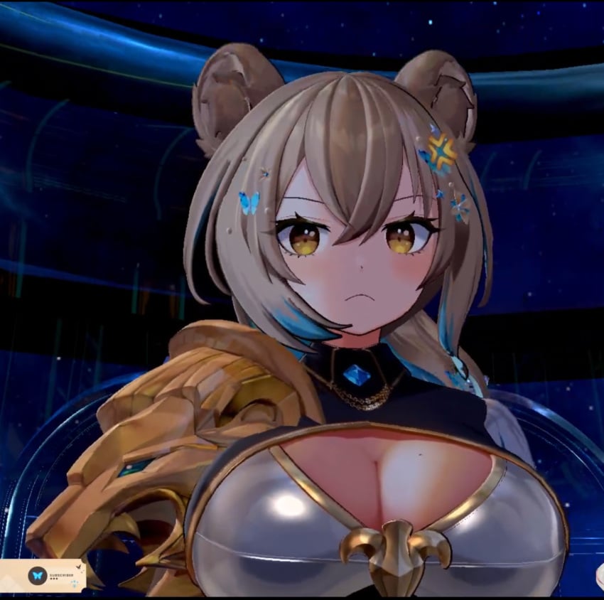 angry angry_face big_breasts boob_window cute hazumi_aileen indie_virtual_youtuber large_breasts lion_ears lion_girl lioness mole_on_breast screenshot virtual_youtuber