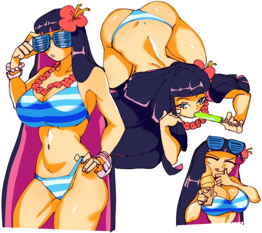 3amsoda :q ass ass_up bikini blue_eyes blunt_bangs cleavage female female_focus female_only multicolored_hair navel panty_&_stocking_with_garterbelt popsicle solo stocking_anarchy striped_bikini swimsuit tagme top-down_bottom-up two_tone_hair