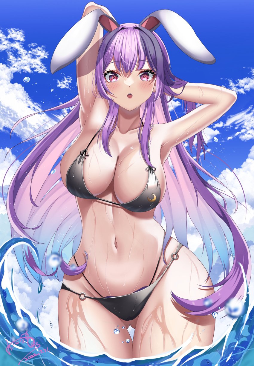 1girls absurdres animal_ears bikini black_bikini blue_sky breasts cleavage cloud female female_focus female_only female_solo girl girl_only gluteal_fold hand_in_own_hair highres hossy large_breasts long_hair looking_at_viewer navel only_female outdoors partially_submerged pink_eyes purple_hair rabbit_ears red_eyes reisen_udongein_inaba sky solo solo_female solo_focus standing swimsuit touhou wet