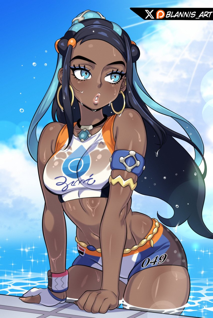 1girls absurdres artist_name bare_shoulders bikini black_bikini black_hair blannis blannis_art blue_bikini blue_eyes blue_eyeshadow blue_hair blue_sky breasts collarbone cowboy_shot dark-skinned_female dark_skin day earrings eyelashes eyeshadow female female_focus fingerless_gloves fingernails gloves highres jewelry leaning_forward lips long_fingernails long_hair looking_afar makeup medium_breasts midriff multicolored_bikini multicolored_hair navel nessa_(pokemon) nintendo orange_bikini outdoors parted_lips pokemon pokemon_swsh pool single_glove sky solo sports_bikini sun swimsuit teeth two-tone_hair very_dark_skin water wet wet_clothes white_bikini white_gloves