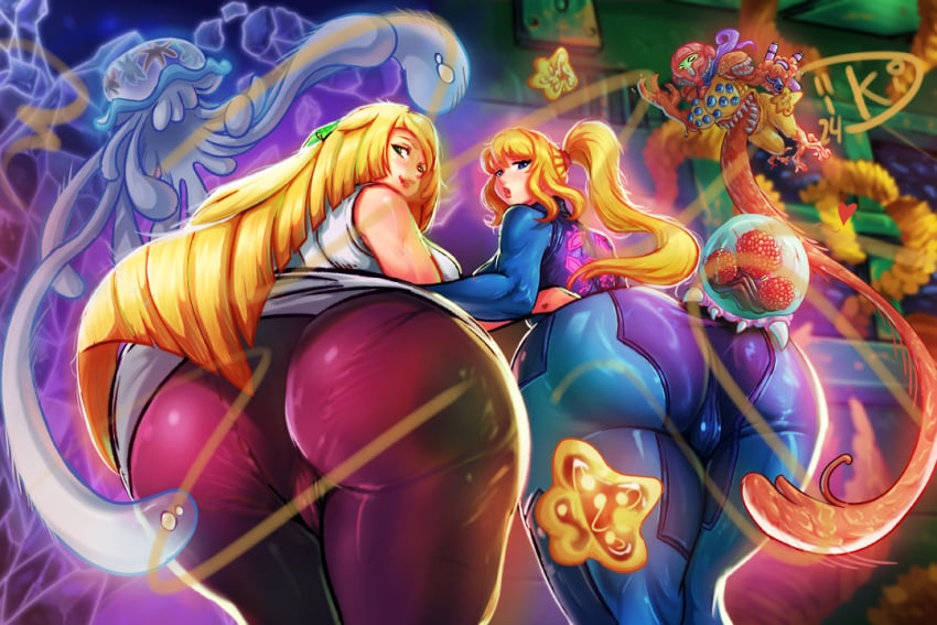 1pokemon 2girls ass ass_biting ass_focus big_ass black_pants blonde_female blonde_hair blue_bodysuit blue_eyes blush bodysuit clothing crossover dakized dat_ass female female_only game_freak green_eyes heart huge_ass large_ass long_hair looking_at_viewer looking_back lusamine_(pokemon) mature mature_female mature_woman metroid metroid_(creature) milf mother nihilego pants pantylines pokemon pokemon_(species) pokemon_sm ponytail sa-x samus_aran thighs tight_clothing x_parasite zero_suit_samus