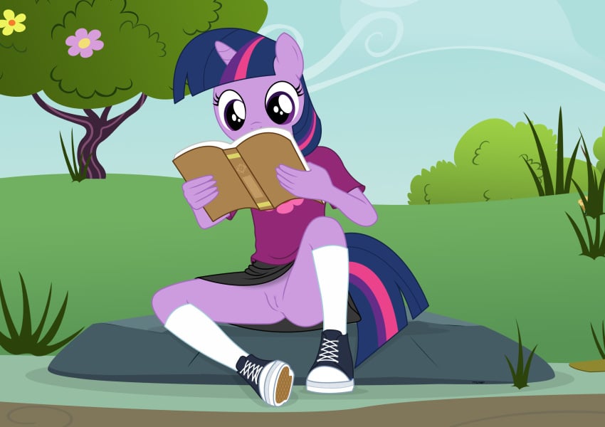 absurd_res aged_down anthro book bottomwear clothed clothing equid equine female friendship_is_magic genitals hasbro hi_res horn mammal my_little_pony no_underwear outside plant pussy reading shirt sitting skirt solo spread_legs spreading tolpain topwear tree twilight_sparkle_(mlp) unicorn young