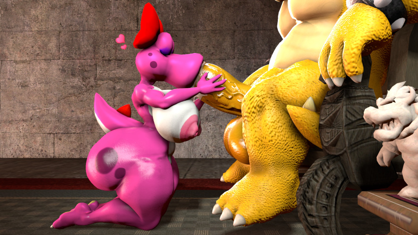 16:9 1boy 1girls 3d 3d_(artwork) accessory anthro areola ass balls big_balls big_breasts big_penis birdo birdo_(character) bodily_fluids bow_(feature) bow_accessory bow_ribbon bowser breasts castle claws closed_eyes cobaltapple detailed_background digital_media_(artwork) duo erection feet fellatio female genital_fluids genitals hair_accessory hair_ribbon hairbow heart hi_res huge_balls huge_cock humanoid humanoid_genitalia humanoid_penis indoors inside kneeling kneeling_oral_position koopa male mammal mario_(series) muscular nintendo nipples nude open_mouth oral part_of_a_set penile penis pink_body precum reptile ribbons scalie sex sfm siphon_(anatomy) smile source_filmmaker spikes sucking super_mario_bros. tail thick_thighs toe_claws tongue tongue_out widescreen