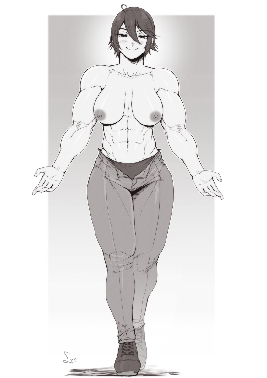 1girls abs absurd_res adonis_belt ahoge biceps blush breasts chequita commission greyscale hi_res inverted_nipples jormungand medium_breasts monochrome muscular muscular_arms muscular_female obliques short_hair signature simple_background smile solo speedl00ver topless underwear unzipped