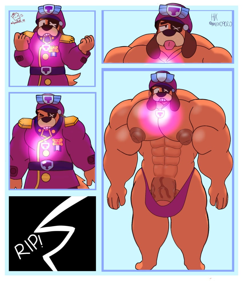 anthro brawl_stars colonel_ruffs comic_page furry furry_only halex09020 hyper_bulge hyper_muscles muscle_growth squeaksito