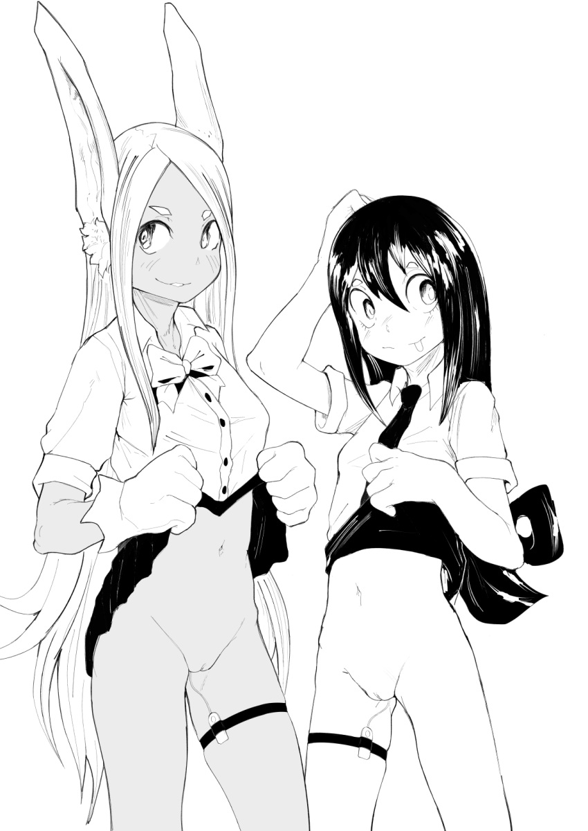 5_fingers animal_humanoid black_and_white black_bottomwear black_clothing black_hair black_legband black_necktie black_skirt blush blush_lines bottomwear bow_(feature) clothed clothing clothing_lift dark_body dark_skin dress_shirt duo eyebrows eyelashes female fingers front_view genitals gloves hair hand_on_head handwear hi_res humanoid humanoid_genitalia humanoid_pussy lagomorph lagomorph_humanoid legband leporid_humanoid long_hair looking_aside looking_at_viewer mammal mammal_humanoid masturbation miruko monochrome mouth_closed my_hero_academia navel necktie open_mouth penetration pussy rabbit_ears rabbit_humanoid rolled_up_sleeves sex_toy sex_toy_in_pussy sex_toy_insertion shirt shirt_collar simple_background skirt skirt_lift straight_hair teeth tongue tongue_out topwear tsuyu_asui vaginal_masturbation vaginal_penetration vibrator vibrator_in_pussy white_background whosadaman wide_eyed