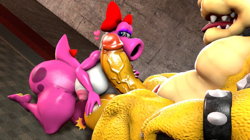 16:9 1boy 1girls 3d 3d_(artwork) accessory anthro areola ass balls big_balls big_breasts big_penis birdo birdo_(character) bow_(feature) bow_accessory bow_ribbon bowser breasts castle claws cobaltapple detailed_background digital_media_(artwork) duo erection feet female genitals hair_accessory hair_ribbon hairbow heart hi_res huge_balls huge_cock humanoid humanoid_genitalia humanoid_penis indoors inside kneeling kneeling_oral_position koopa male mammal mario_(series) muscular nintendo nipples nude open_mouth part_of_a_set penis pink_body reptile ribbons scalie sfm siphon_(anatomy) smile source_filmmaker spikes super_mario_bros. tail thick_thighs toe_claws tongue tongue_out widescreen