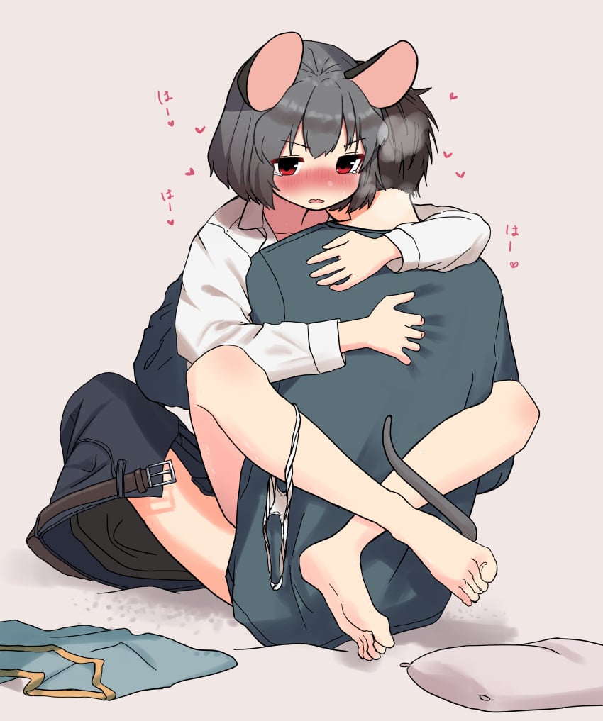 1boy absurdres animal_ears arm_around_back arm_around_neck barefoot belt blush brown_belt clothed_sex collared_shirt commentary_request female full_body grey_background grey_hair grey_pants grey_shirt heart highres kashiwa_kona medium_bangs mouse_ears mouse_girl mouse_tail nazrin nose_blush open_mouth panties panties_around_one_leg pants pillow red_eyes sex shirt short_hair simple_background straddling straight tail tail_wrap touhou underwear upright_straddle white_shirt