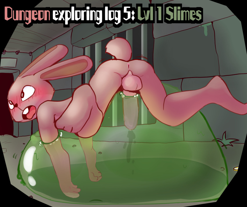 2023 anthro anus balls blush bodily_fluids cum defeated digital_media_(artwork) erection game_over genital_fluids genitals hi_res lagomorph leporid looking_pleasured male mammal nude page_5 rabbit slime sonofan submissive_male trapped