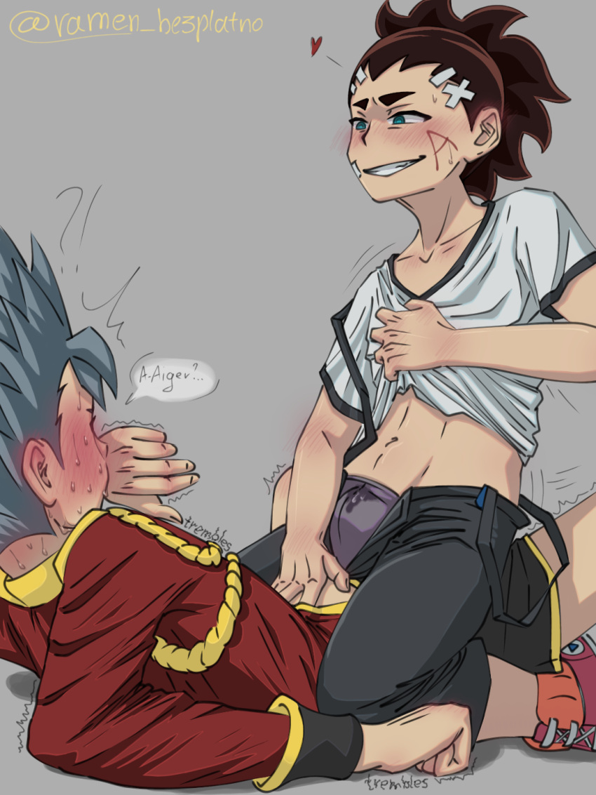 2boys aiger_akabane ashamed beyblade beyblade:_burst blue_eyes blue_hair erection erection_in_panties erection_under_clothes ibispaintx male male/male male_only red_hair sitting_on_person smile smirk umymoqq_mosquito xavier_bogard