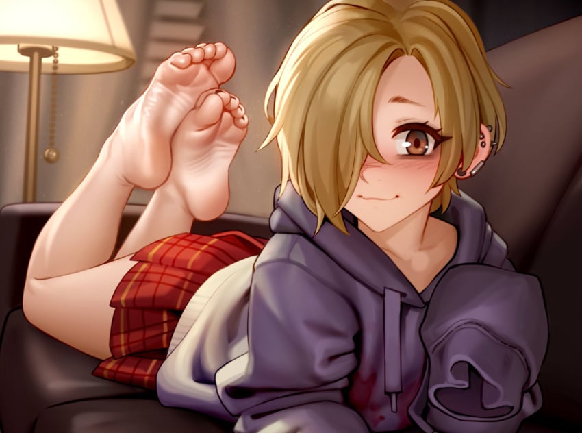 barefoot black_nails black_toenails blush brown_eyes couch cute ear_piercing feet feet_up foot_fetish hair_over_one_eye hoodie idolmaster kairuhentai kairunoburogu laying_down laying_on_couch laying_on_stomach nail_polish plaid plaid_skirt pointed_feet shirasaka_koume skirt sleeves_past_wrists smile soles tagme tagme_(character) the_pose toes wrinkled_feet