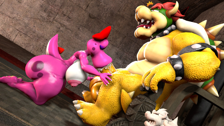 16:9 1boy 1girls 3d 3d_(artwork) accessory anthro areola ass balls big_balls big_breasts big_penis birdo birdo_(character) bodily_fluids bow_(feature) bow_accessory bow_ribbon bowser breasts castle claws closed_eyes cobaltapple deep_throat detailed_background digital_media_(artwork) duo erection feet fellatio female genital_fluids genitals hair_accessory hair_ribbon hairbow heart hi_res huge_balls huge_cock humanoid humanoid_genitalia humanoid_penis indoors inside kneeling kneeling_oral_position koopa looking_pleasured male mammal mario_(series) muscular nintendo nipples nude open_mouth oral part_of_a_set penile penis pink_body precum reptile ribbons scalie sex sfm siphon_(anatomy) smile source_filmmaker spikes sucking super_mario_bros. tail thick_thighs toe_claws tongue tongue_out widescreen